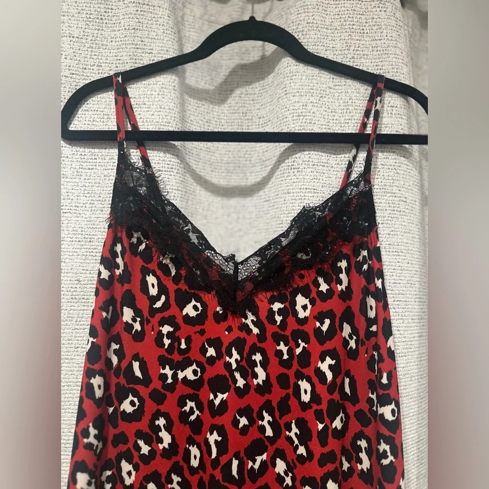 Women’s ZARA Red Leopard Print Camisole Slip Dress Lace Stretch Midi Dress Small